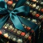Wrapped Studios: Dark botanical apothecary wrapping paper with a teal satin bow. Unique luxury gift wrap.