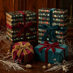 Luxury Christmas gift wrap set: dark vintage pattern & plush velvet gifts with elegant red, teal, gold velvet ribbons. Wrapped Studios.