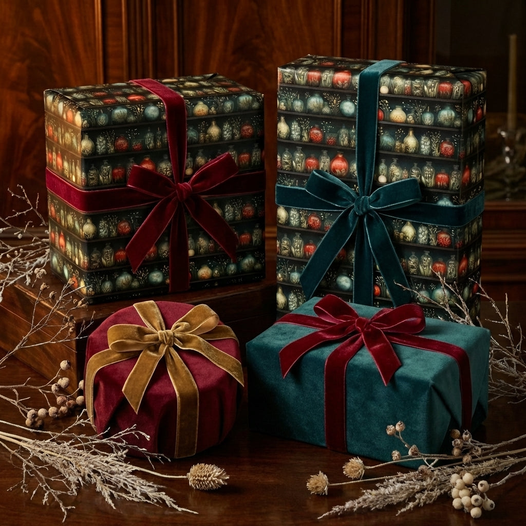 Luxury Christmas gift wrap set: dark vintage pattern & plush velvet gifts with elegant red, teal, gold velvet ribbons. Wrapped Studios.