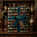Dark academia apothecary wrapping paper with teal velvet bow & berries. Luxury vintage gift wrap by Wrapped Studios.