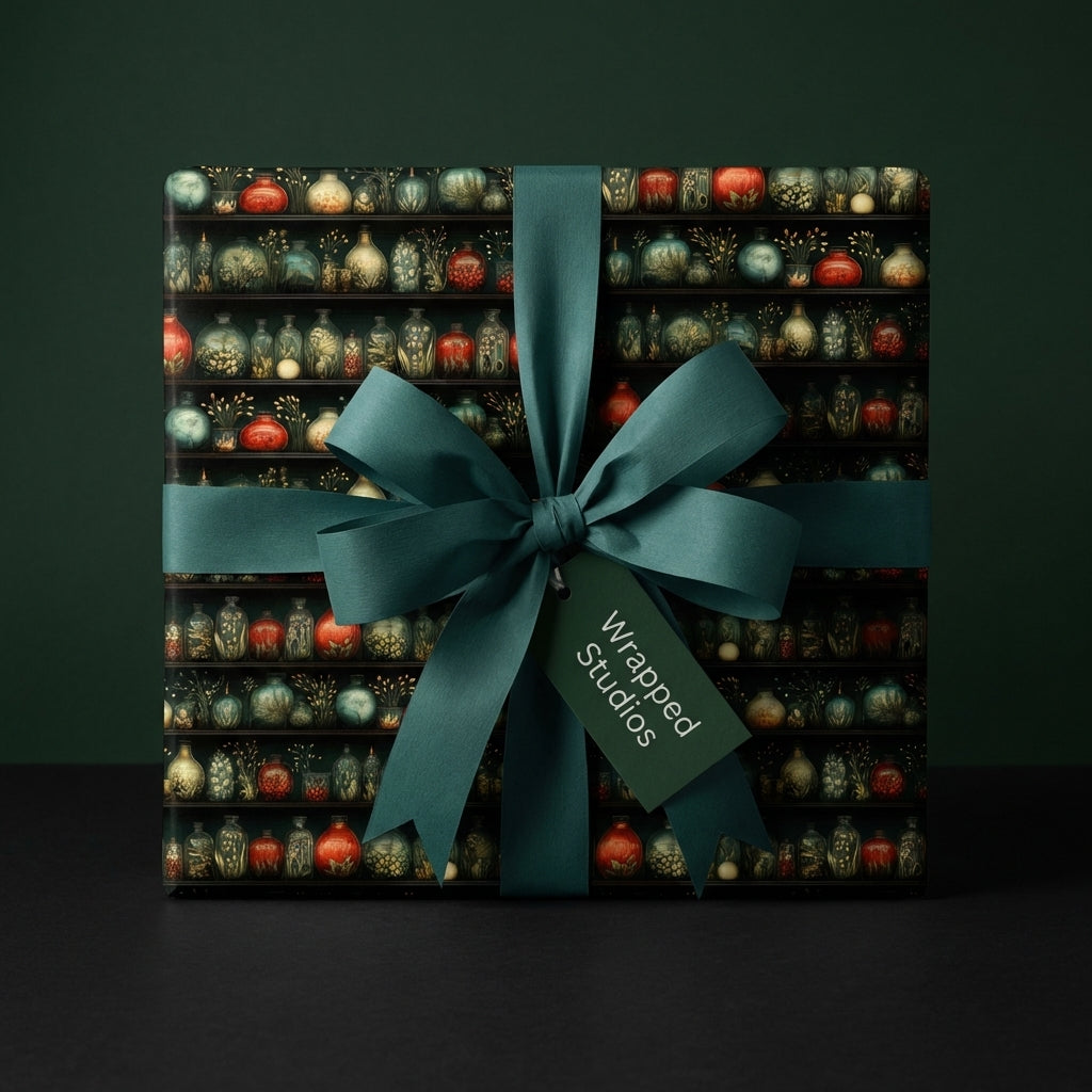 Luxury vintage apothecary gift wrap featuring detailed bottles, tied with a rich deep green satin bow. Wrapped Studios.