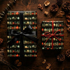 Vintage apothecary shelf wrapping paper with dark, rich bottles; black & red bows. Wrapped Studios unique gift wrap.