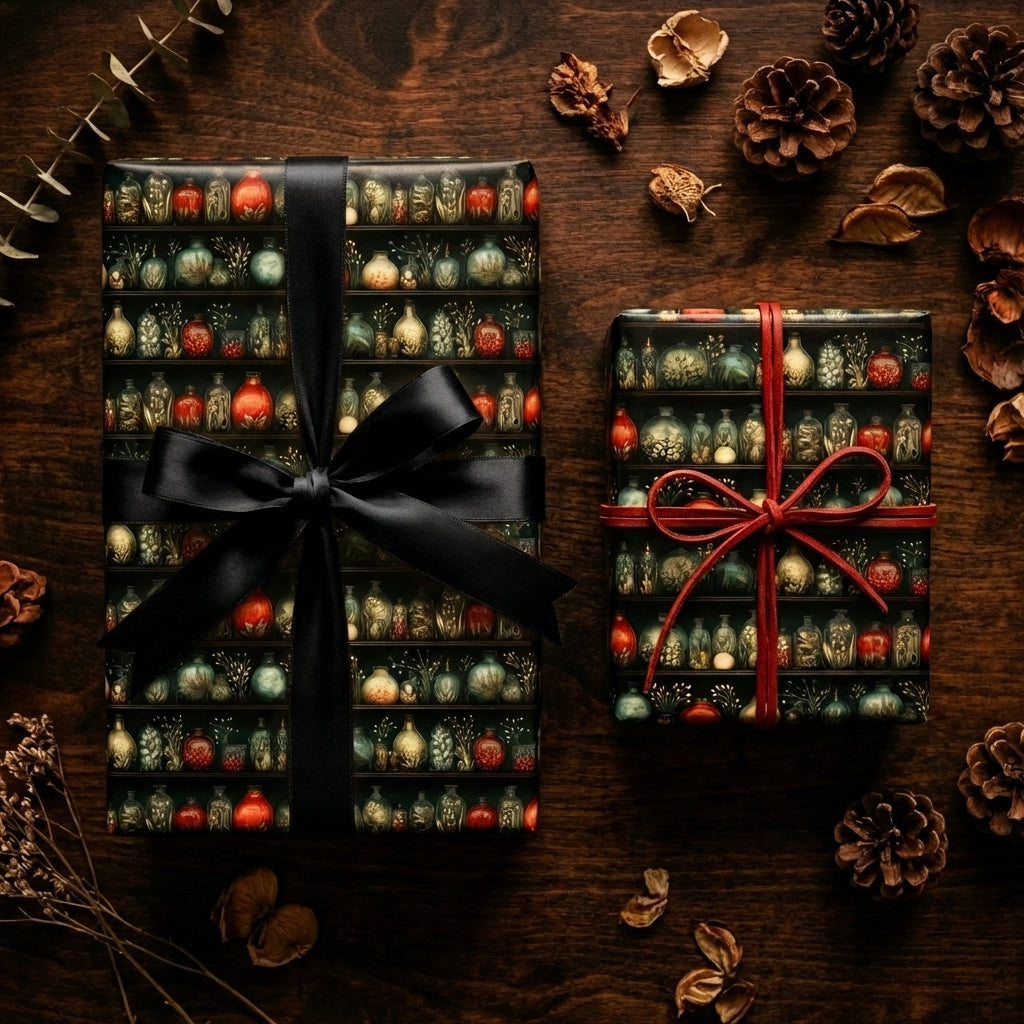 Vintage apothecary shelf wrapping paper with dark, rich bottles; black & red bows. Wrapped Studios unique gift wrap.
