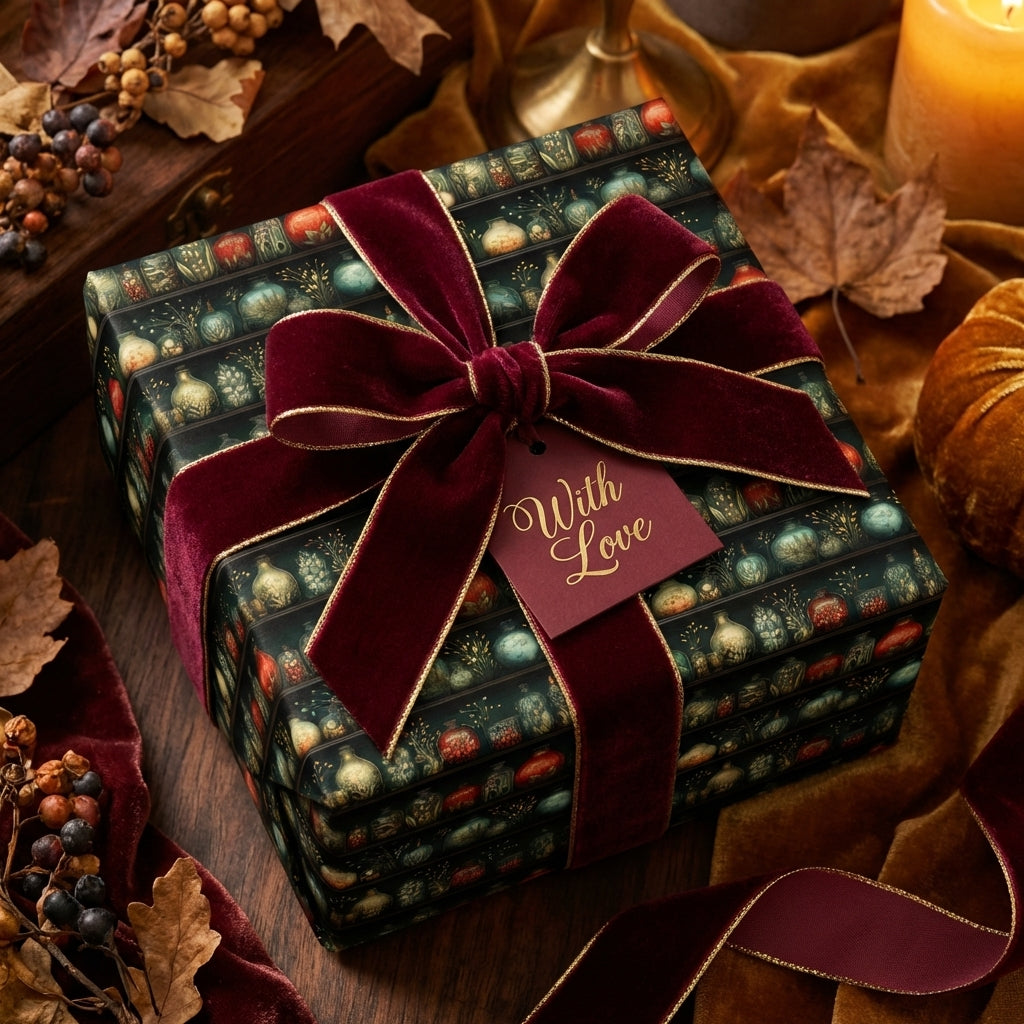 Luxury gift wrap with apothecary bottles, burgundy velvet bow & 'With Love' tag. Perfect for holiday gifts.