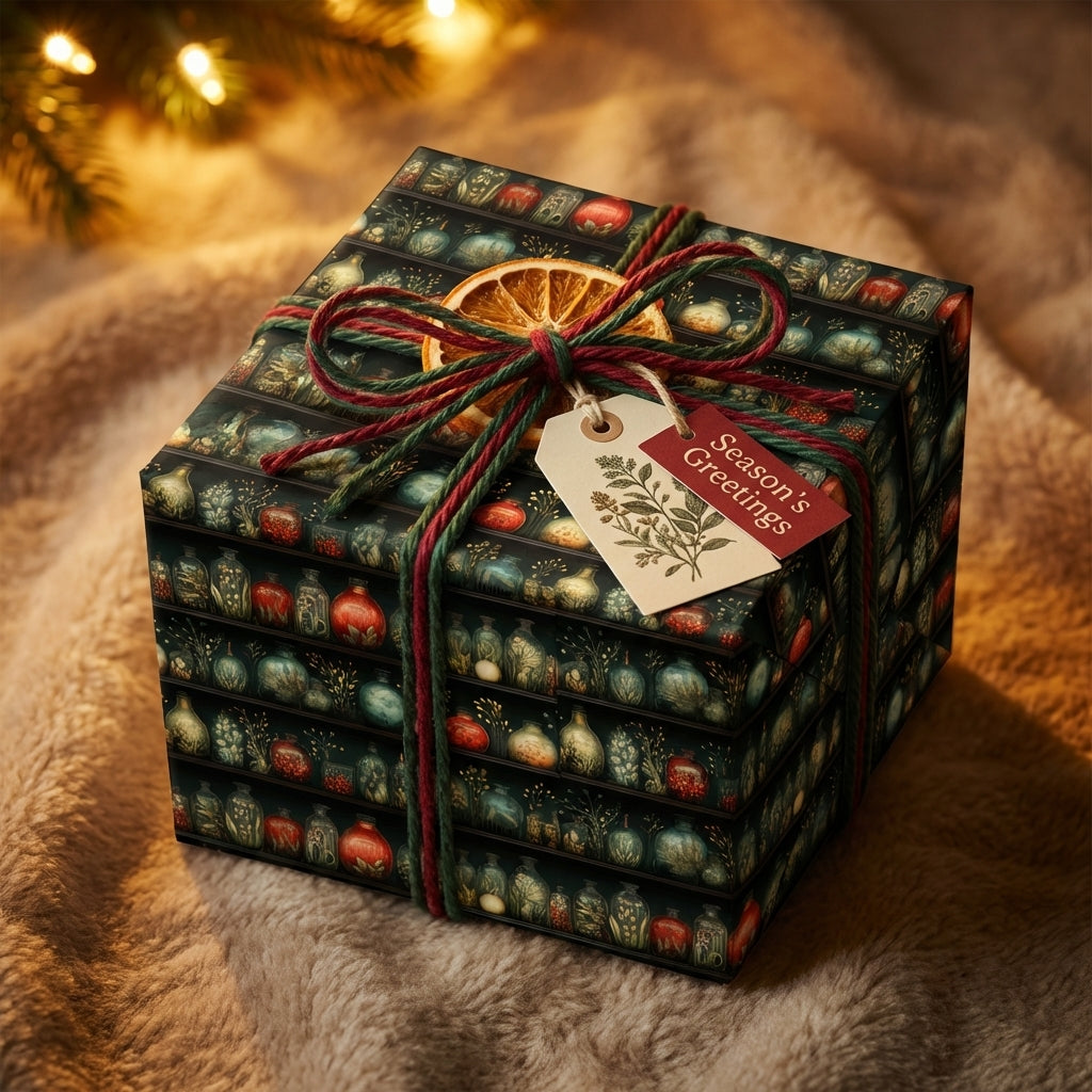 Wrapped Studios: Vintage botanical Christmas wrapping paper with apothecary jars, red/green twine, 'Season's Greetings' tag.