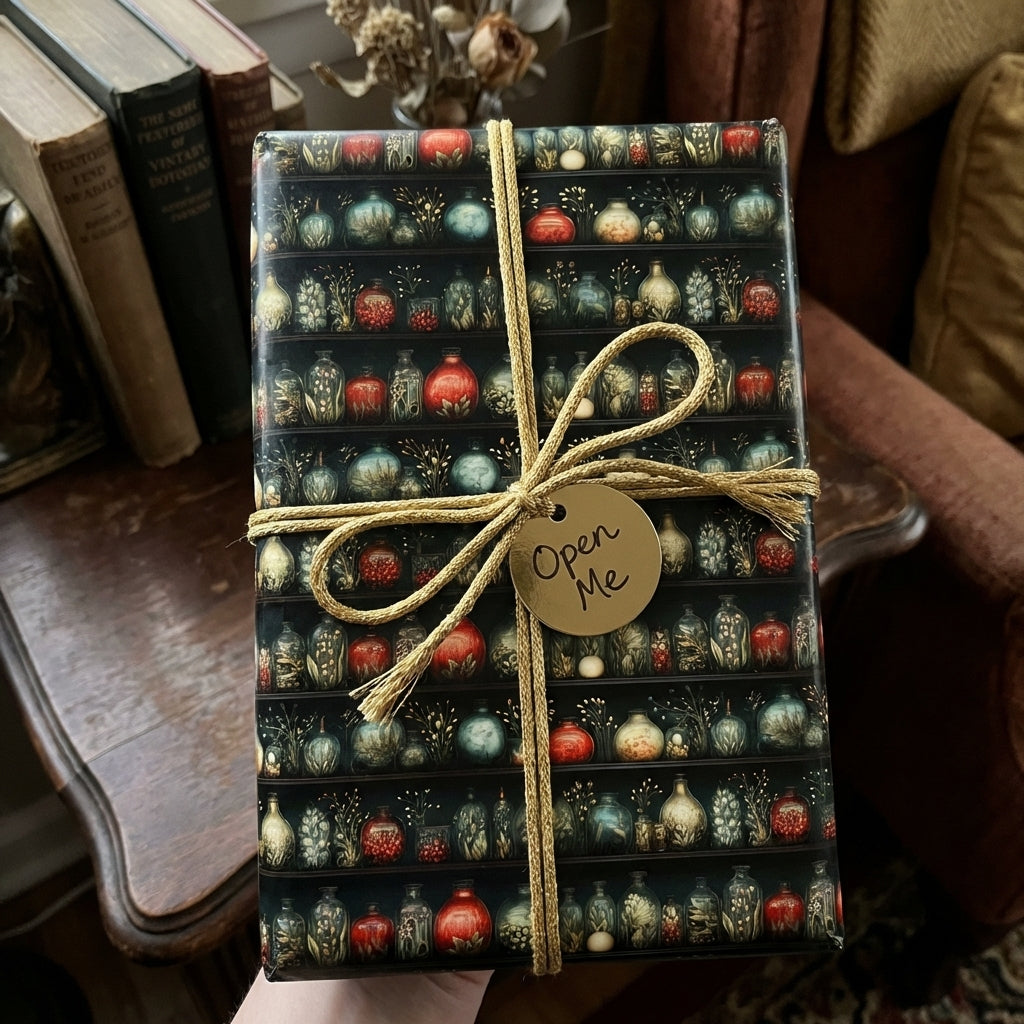 Luxury vintage apothecary wrapping paper, dark with colorful jars, gold twine & 'Open Me' tag. Wrapped Studios.