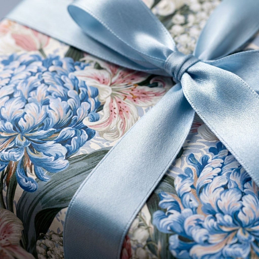 Luxury blue floral wrapping paper with a light blue satin ribbon bow by Wrapped Studios.