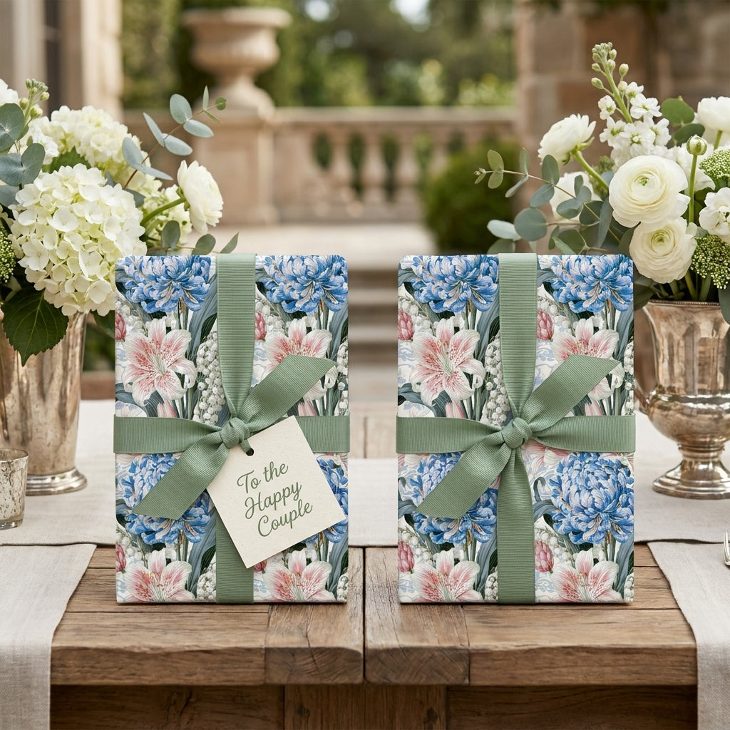 Vintage blue and pink floral wedding wrapping paper with sage ribbon by Wrapped Studios.