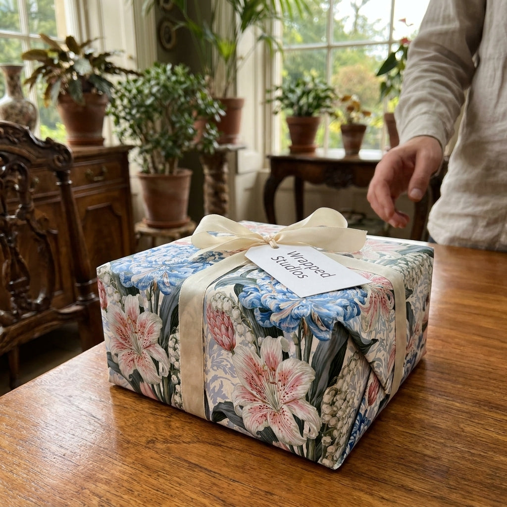 Vintage floral wrapping paper with pink lilies by Wrapped Studios on a gift box with a cream ribbon.