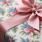 Vintage floral wrapping paper with blue flowers and a pink satin ribbon bow. Luxury gift wrap by Wrapped Studios.