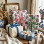 Elegant vintage floral wrapping paper and velvet ribbons on gift boxes by Wrapped Studios.
