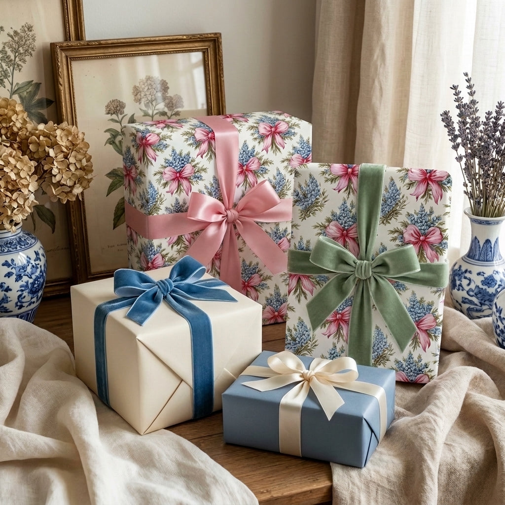 Elegant vintage floral wrapping paper and velvet ribbons on gift boxes by Wrapped Studios.