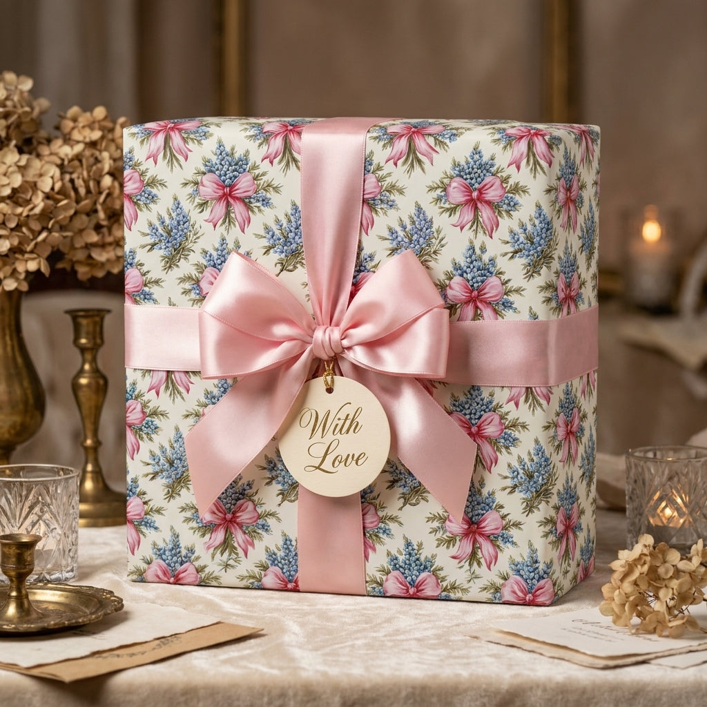 Vintage floral wrapping paper with a pink satin bow and "With Love" tag by Wrapped Studios.