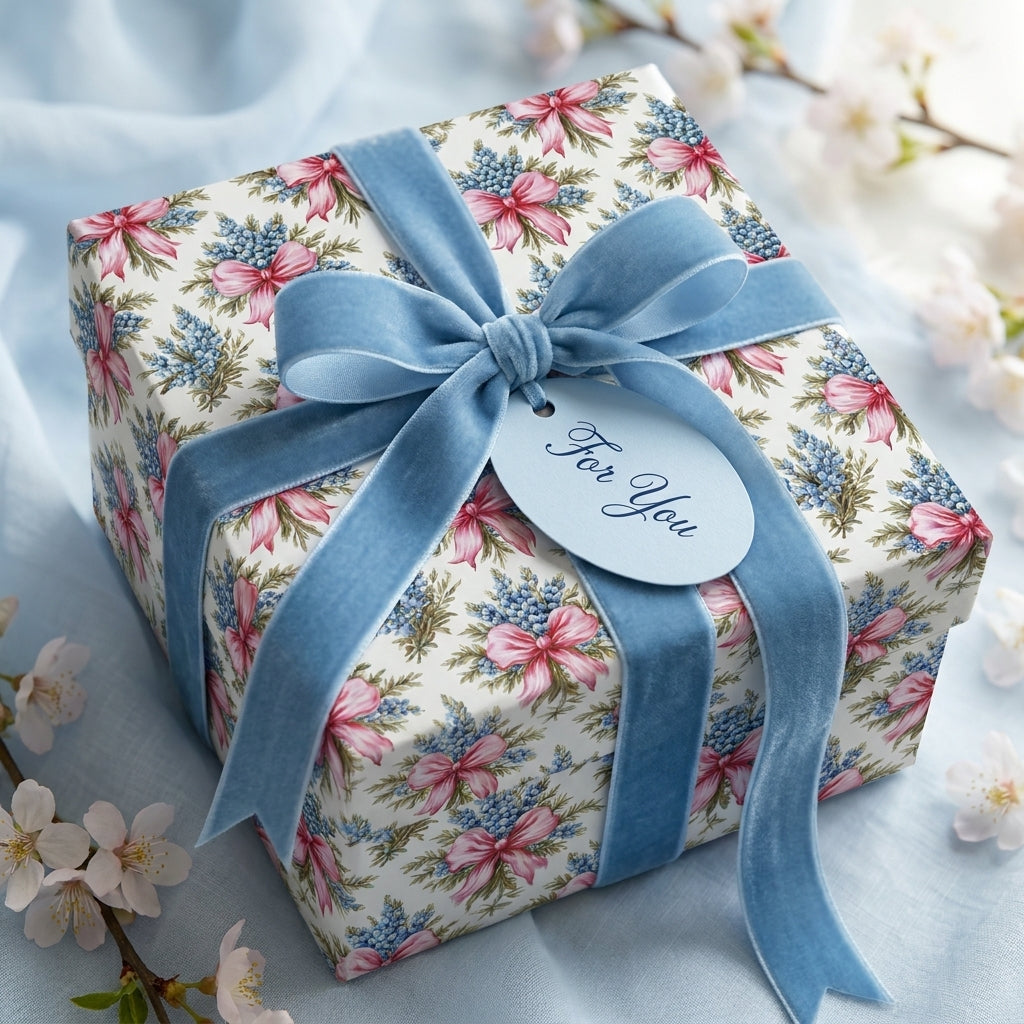 Elegant floral wrapping paper with blue velvet ribbon by Wrapped Studios. Luxury gift wrap for spring birthdays.