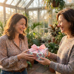 Two women in a greenhouse exchanging a gift in floral wrapping paper with a pink bow, by Wrapped Studios.