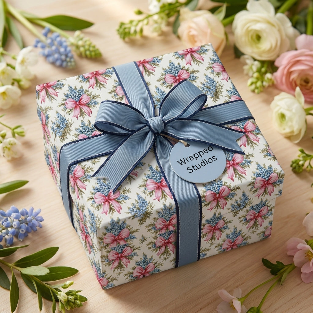 Elegant floral wrapping paper by Wrapped Studios on a gift box with a blue ribbon and spring flowers.