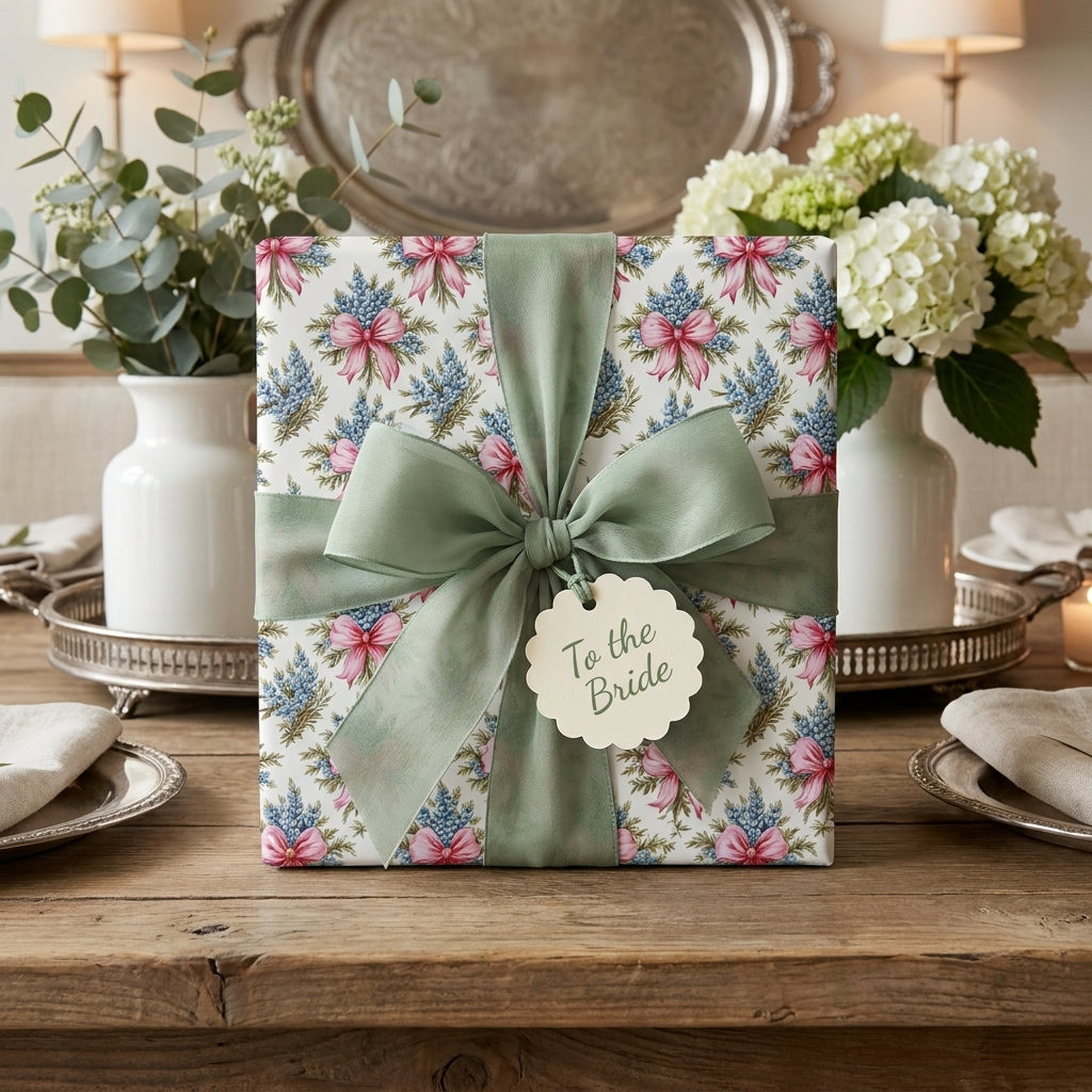 Floral wedding wrapping paper with a sage green ribbon and "To the Bride" tag by Wrapped Studios.