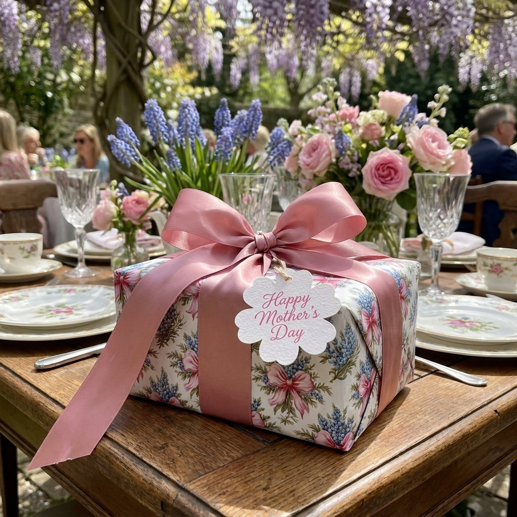 Floral wrapping paper with pink bow and Mother’s Day tag on a garden tea table by Wrapped Studios.