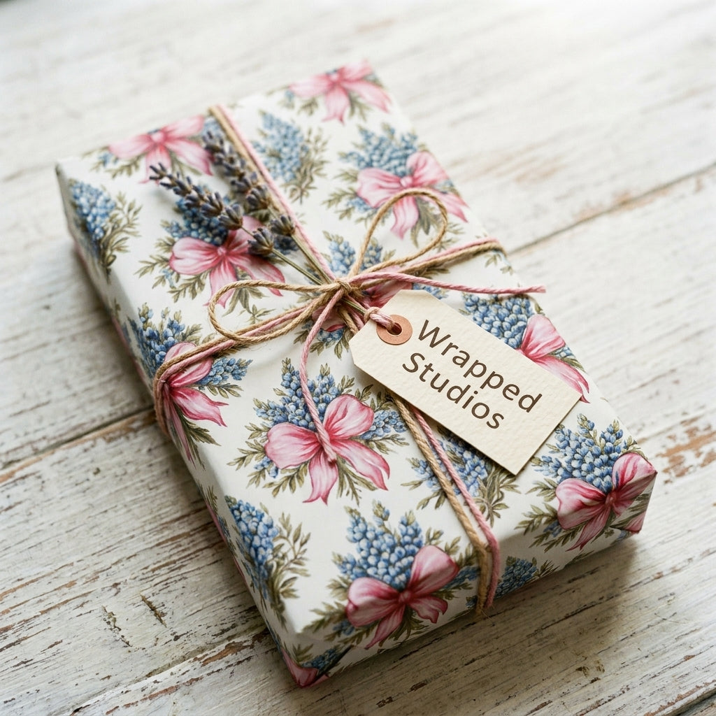 Vintage floral wrapping paper with pink bows and twine on a rustic wood table by Wrapped Studios.
