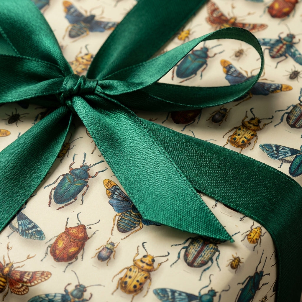 Elegant gift wrapped in vintage-style insect pattern wrapping paper, finished with a dark green satin ribbon.
