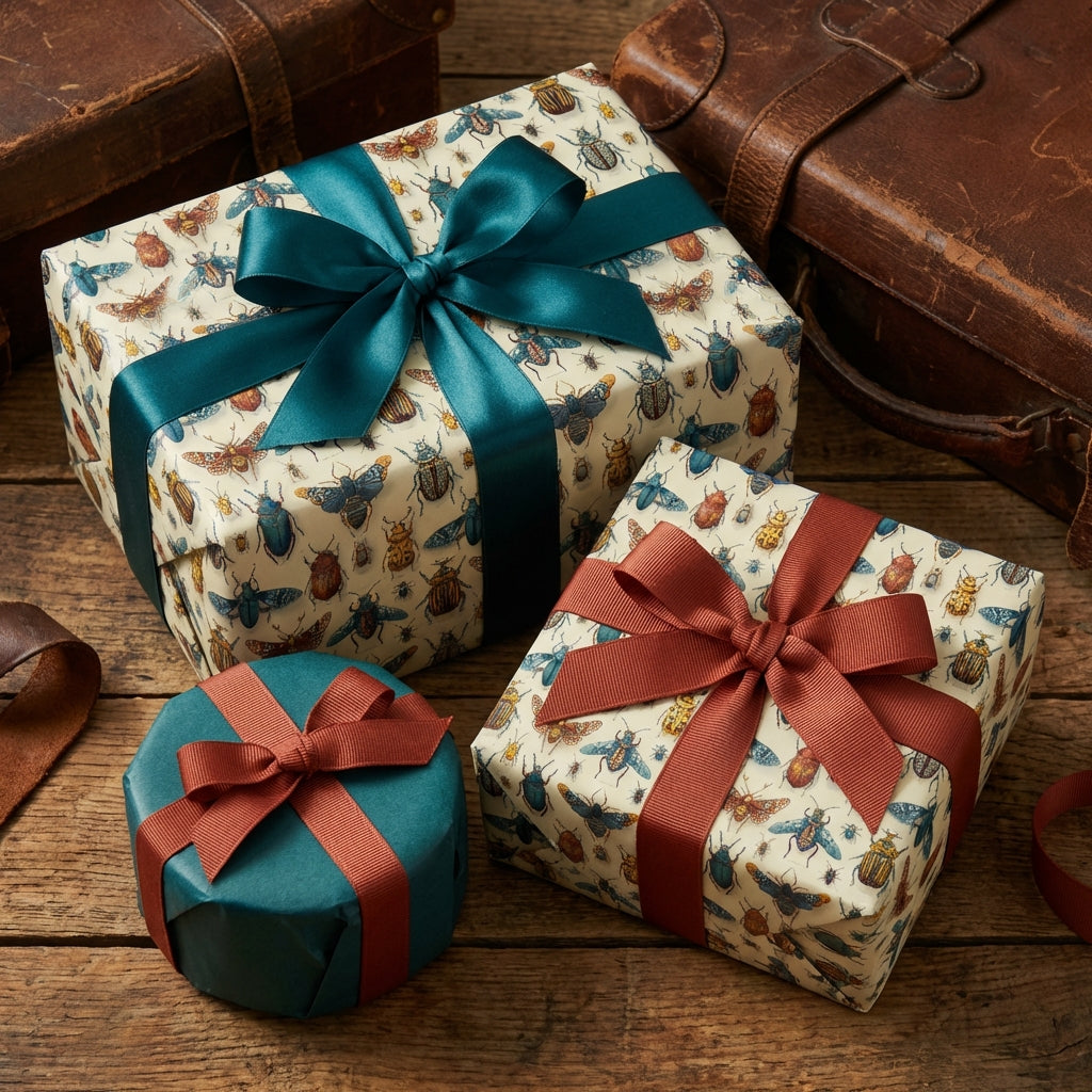 Wrapped gifts with entomology wrapping paper, teal and rust ribbons, on a wood surface with vintage suitcases.