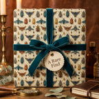 Unique bug print wrapping paper, tied with a teal velvet ribbon bow.