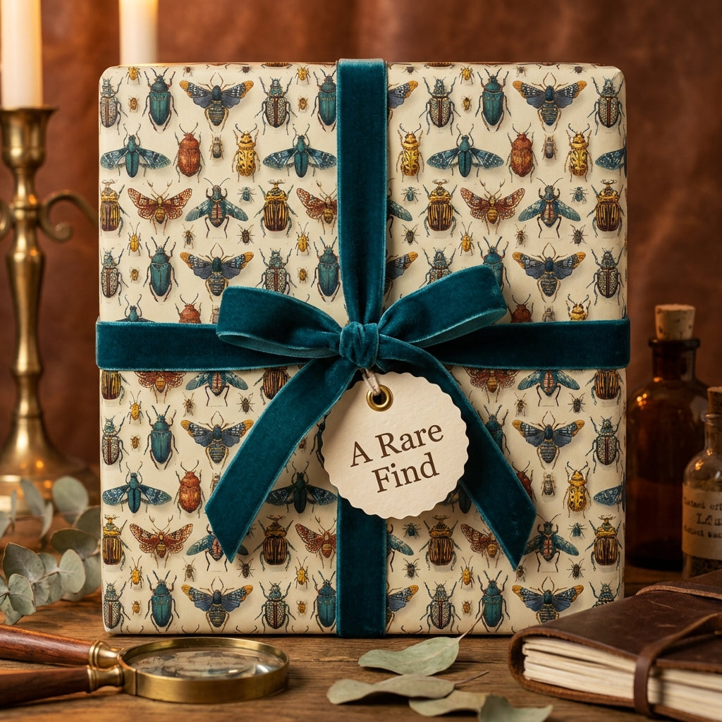 Unique bug print wrapping paper, tied with a teal velvet ribbon bow.