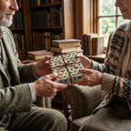 Elderly couple exchanges gift wrapped in vintage insect print wrapping paper with a brown twine bow.