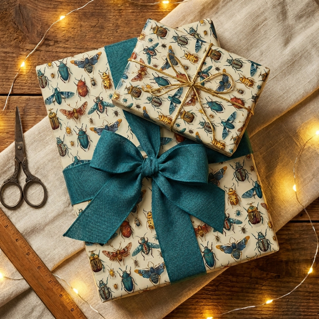 Gifts wrapped in beetle-print wrapping paper with teal ribbon and gold string, on wooden table with fairy lights.
