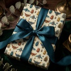 Gift box in unique beetle-themed wrapping paper with an elegant teal satin ribbon.