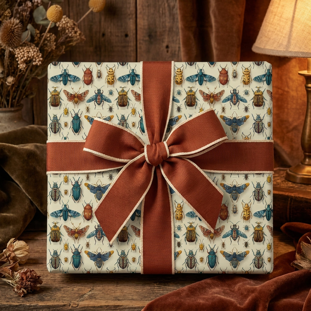 Elegant gift wrapped in insect print wrapping paper with a rust-colored ribbon bow, set in a warm, vintage setting.
