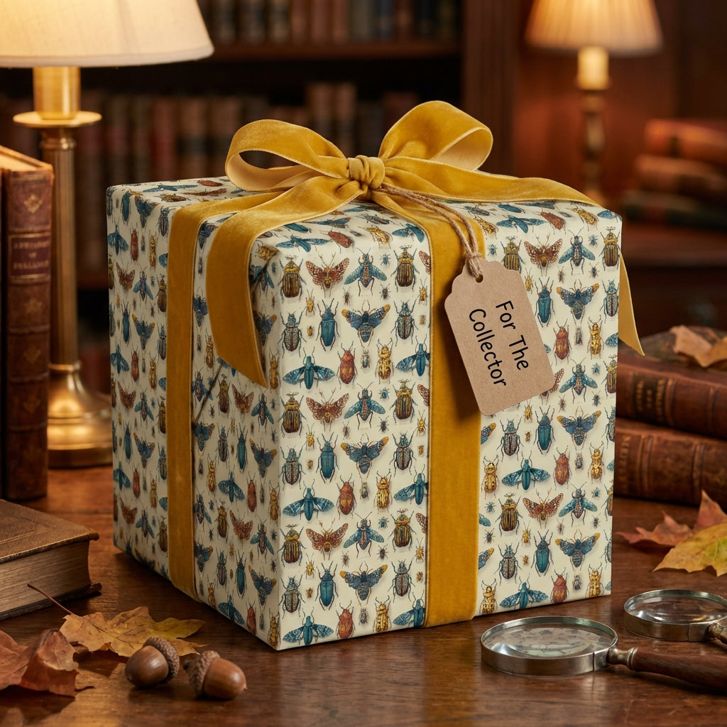 Sophisticated gift wrapped in bug-patterned wrapping paper with a gold velvet ribbon, perfect for the collector.