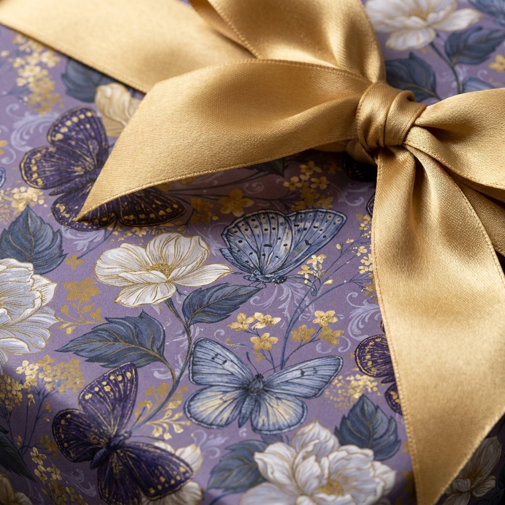 Luxury purple butterfly and floral wrapping paper with gold satin bow, elegant gift wrap by Wrapped Studios.