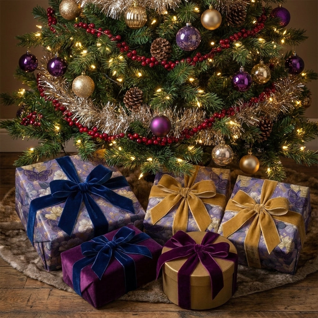 Luxury purple floral Christmas gift wrap with velvet ribbons under the tree by Wrapped Studios.