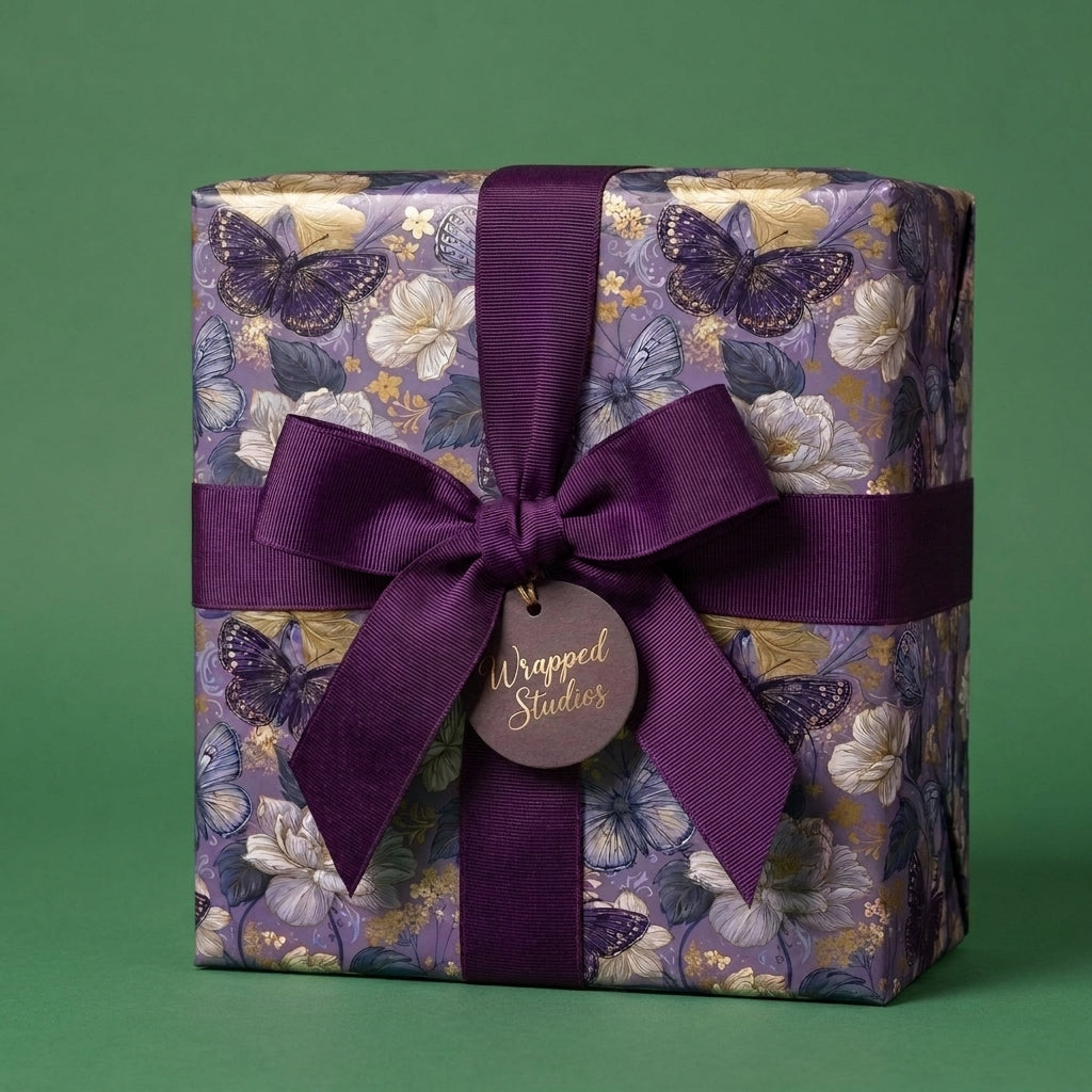 Elegant purple and gold butterfly wrapping paper with a dark purple ribbon bow from Wrapped Studios.