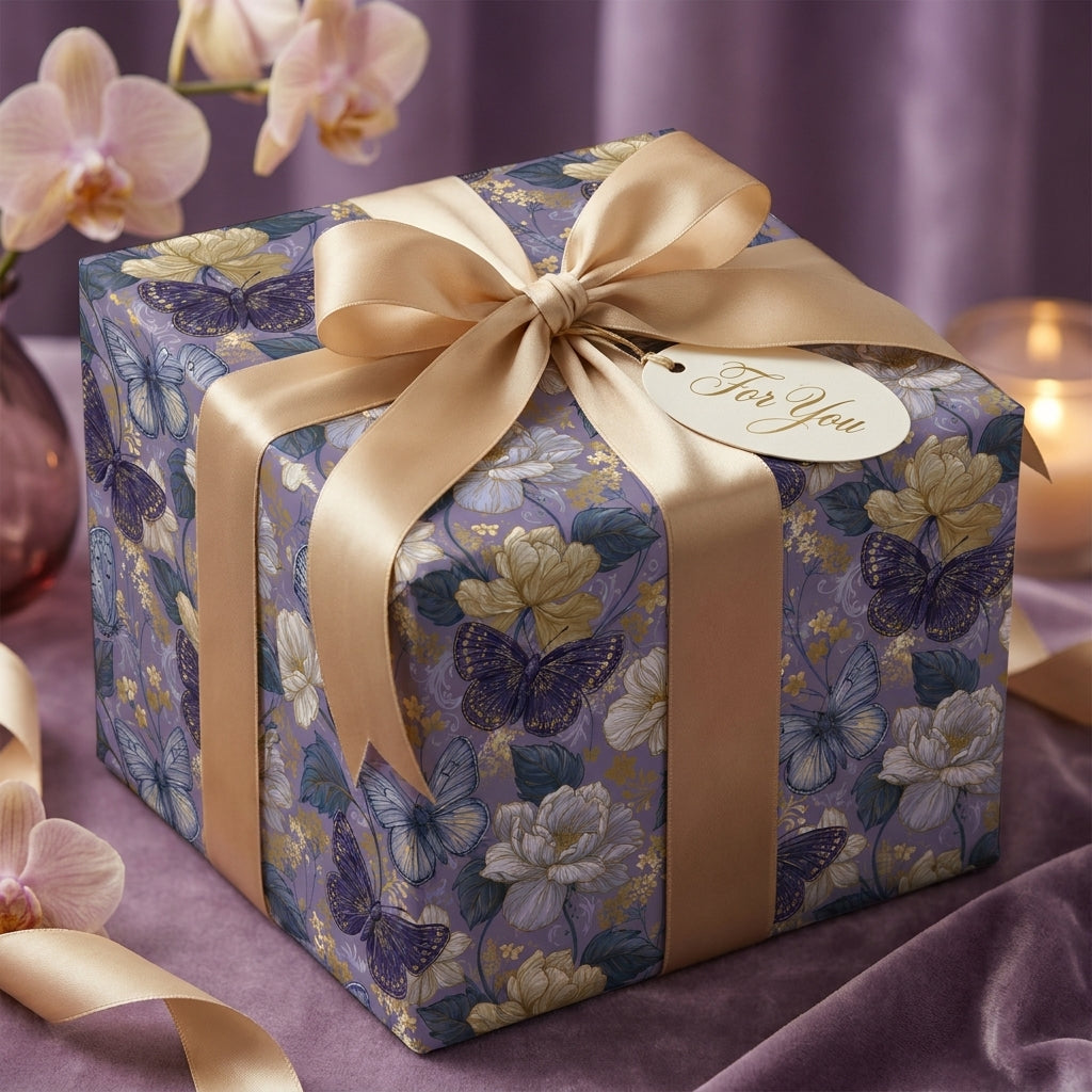 Elegant purple butterfly and floral wrapping paper with a gold satin bow by Wrapped Studios.