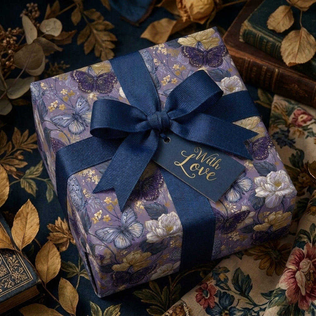 Luxury floral and butterfly wrapping paper with navy ribbon and With Love tag by Wrapped Studios.