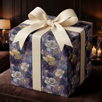 Luxury purple floral wrapping paper with butterflies and a cream ribbon bow by Wrapped Studios.