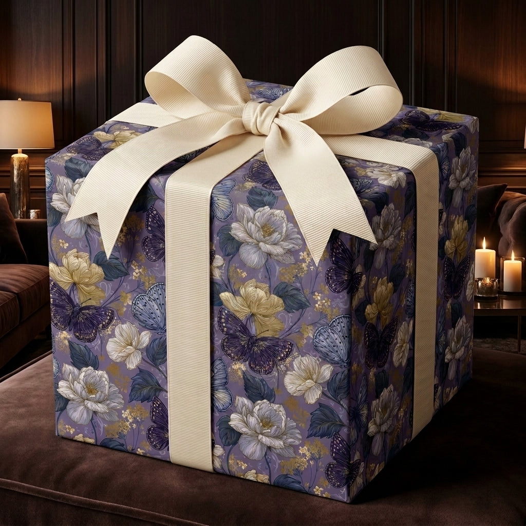 Luxury purple floral wrapping paper with butterflies and a cream ribbon bow by Wrapped Studios.