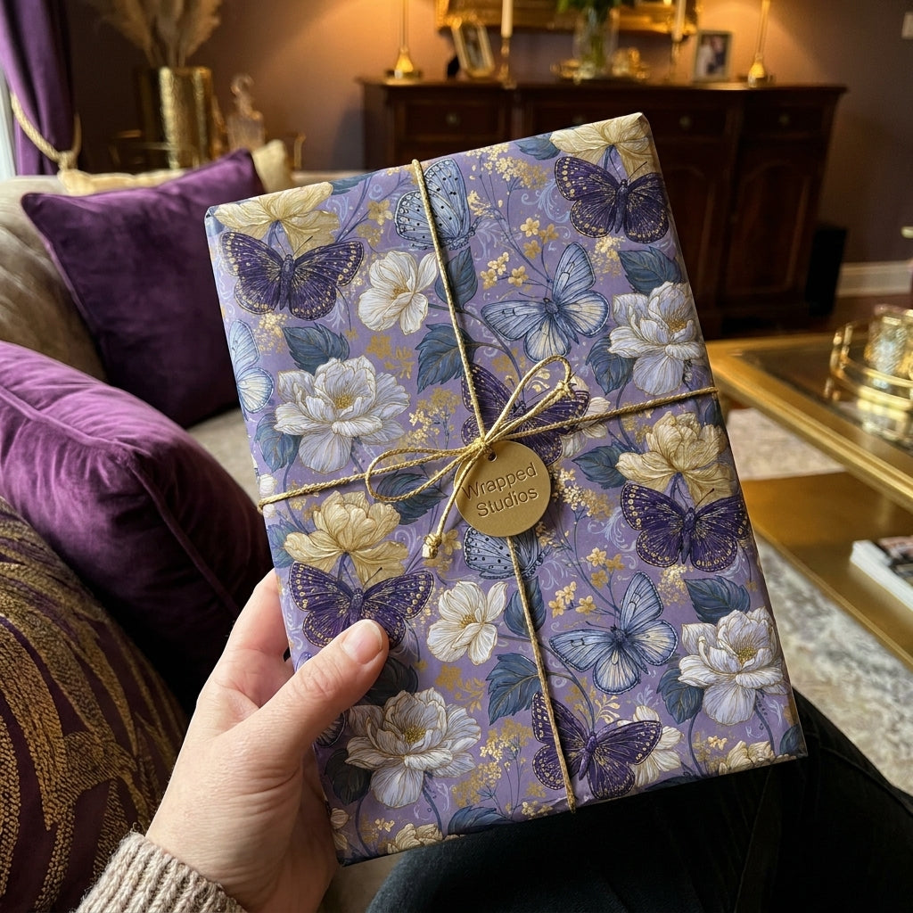 Luxury purple butterfly and floral wrapping paper with gold string on a gift box, by Wrapped Studios.