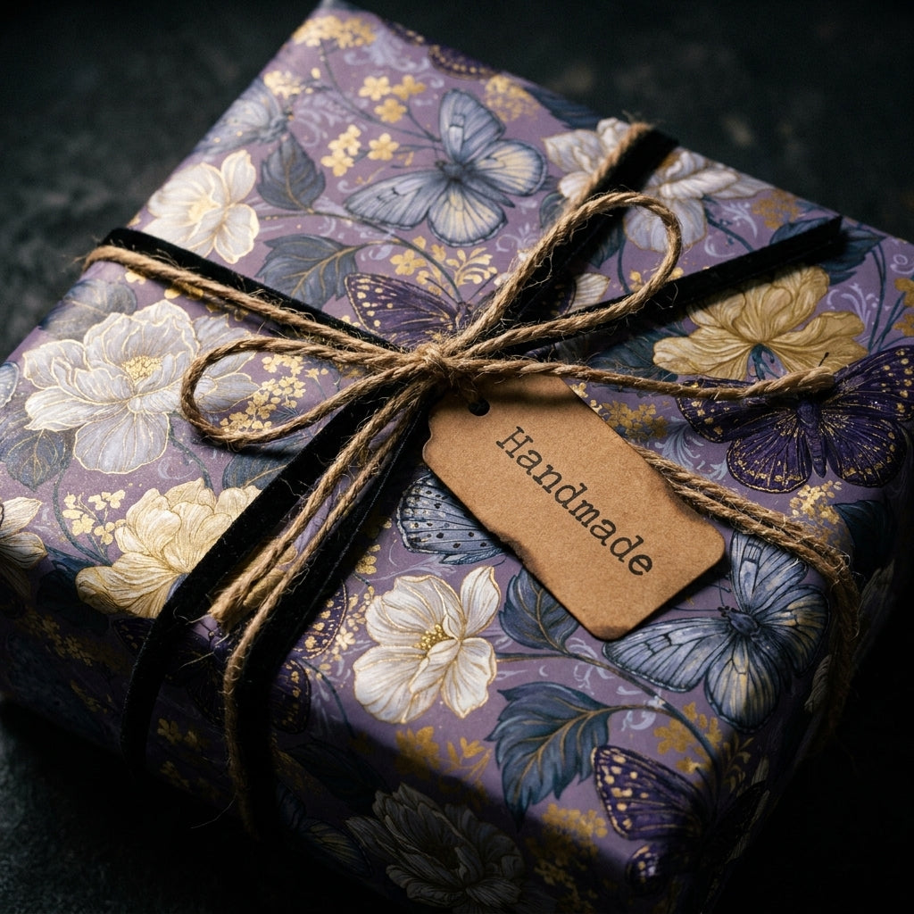 Luxury purple floral wrapping paper with gold butterflies and handmade tag by Wrapped Studios.