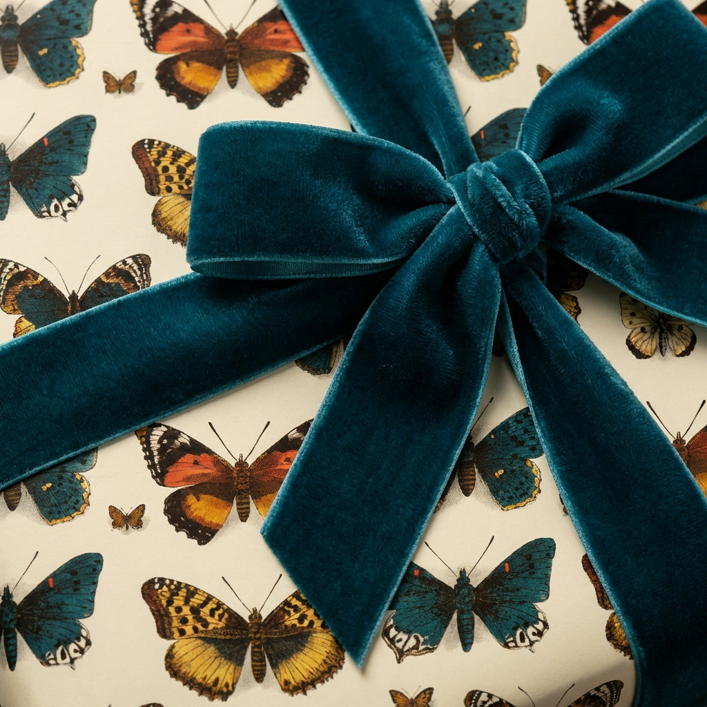 Butterfly print birthday wrapping paper with a teal velvet ribbon bow, elegant gift wrap.