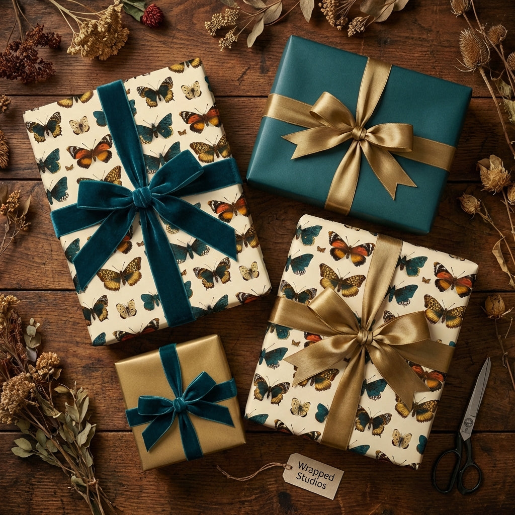 Elegant butterfly wrapping paper with velvet and satin ribbon on gifts for birthdays or special occasions.