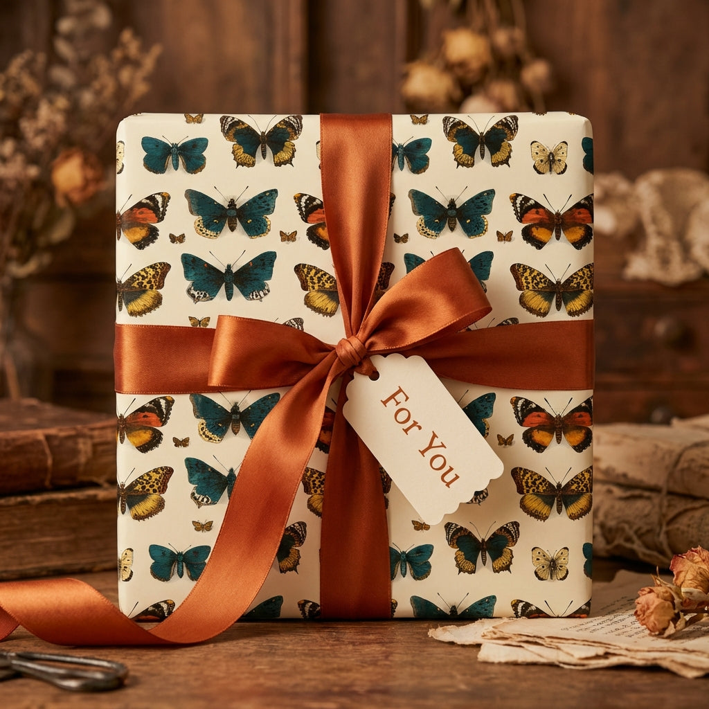 Elegant square gift wrapped in butterfly print paper with a copper ribbon bow.