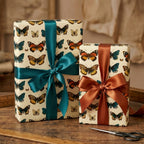 Gifts wrapped in butterfly print wrapping paper with teal and copper ribbon bows.