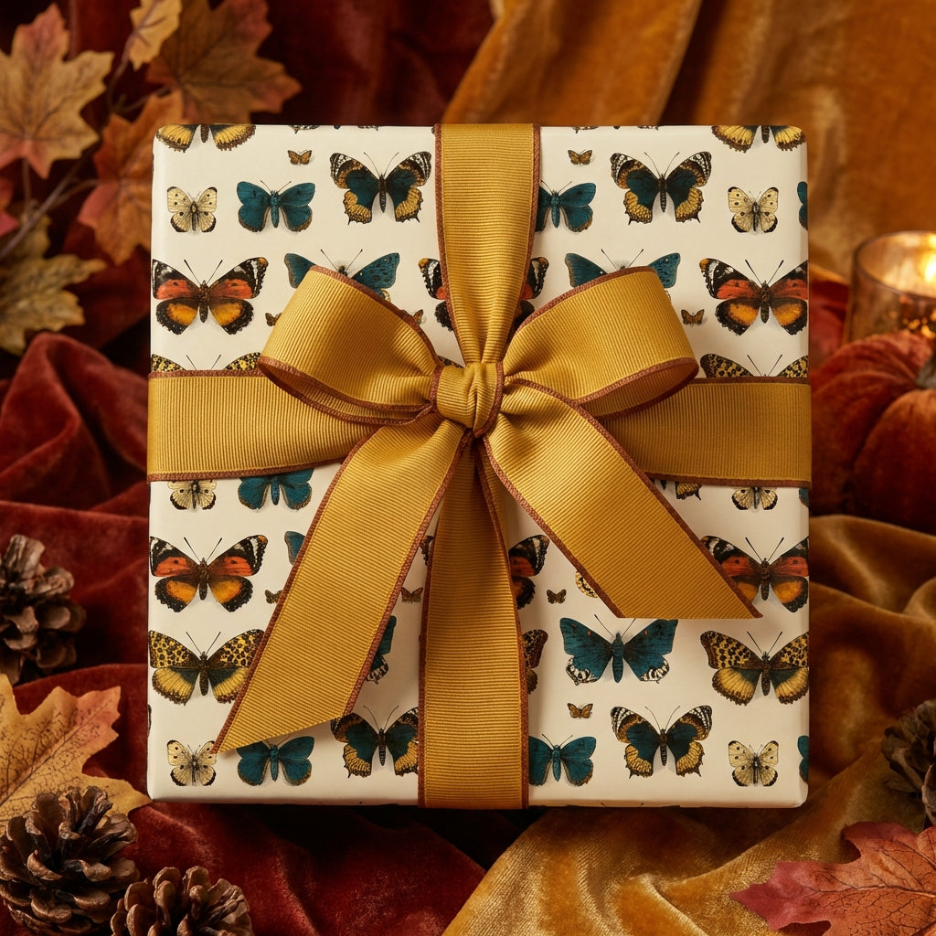 Elegant butterfly wrapping paper with a gold ribbon, perfect for birthday gift wrap or autumn celebrations.