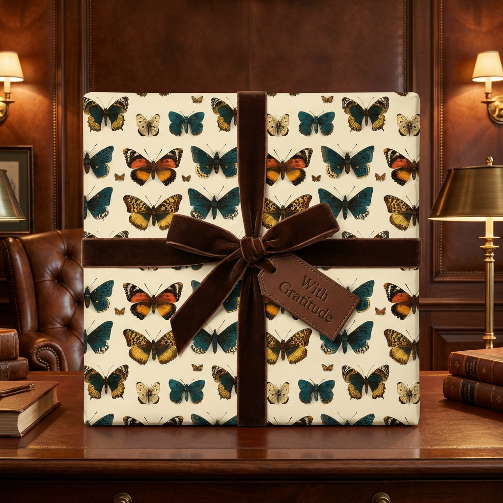 Elegant butterfly wrapping paper with brown velvet ribbon and a "With Gratitude" tag.