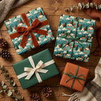 Rustic holiday gift wrap with vintage camper pattern and velvet ribbon by Wrapped Studios.