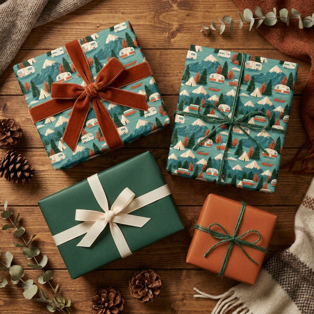 Rustic holiday gift wrap with vintage camper pattern and velvet ribbon by Wrapped Studios.
