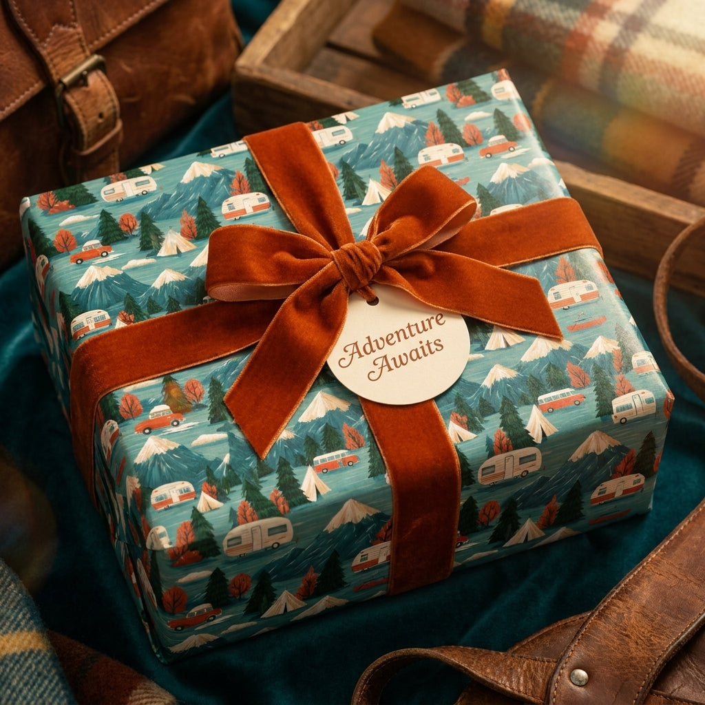 Adventure camping gift wrap with mountains, tied with a rust velvet bow by Wrapped Studios.
